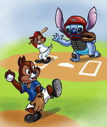  2019 3_toes 4_fingers absurd_res alien anthro armor ball baseball_(ball) baseball_(sport) baseball_base baseball_bat baseball_cap baseball_glove baseball_uniform bat_(object) black_nose blue_body blue_claws blue_eyes blue_nose blue_pawpads brown_body brown_fur buckteeth chest_tuft chip_(disney) chipmunk claws cleats clothed clothing crossover dale_(disney) disney experiment_(lilo_and_stitch) feet fingers fur ground_squirrel group hat headgear headwear helmet hi_res home_plate lilo_and_stitch mammal notched_ear open_mouth open_smile pawpads raised_leg red_nose rodent sciurid smile sport sportswear stitch_(lilo_and_stitch) teeth toes tuft uniform zdrer456 