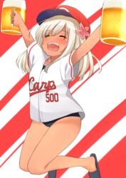  absurdres alcohol arms_up baseball_cap baseball_uniform beer beer_mug blonde_hair blush closed_eyes clothes_writing commentary_request cup female flower go-1 hair_flower hair_ornament hat highres hiroshima_touyou_carp holding holding_cup kantai_collection long_hair mug nippon_professional_baseball one-piece_tan open_mouth ro-500_(kancolle) school_swimsuit smile solo sportswear swimsuit swimsuit_under_clothes tan tanlines 