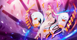  300_heroes absurdres ahoge android animal bad_id bad_pixiv_id barcode barcode_tattoo breasts chinese_commentary collar commentary_request crossed_legs dress elbow_gloves female gloves highres large_breasts long_hair looking_at_viewer pelvic_curtain photoshop_(medium) pink_hair red_eyes revealing_clothes seal_(animal) see-through sitting slit_pupils solo strapless strapless_dress tattoo thighhighs white_gloves white_thighhighs zhuore_zhi_hen 