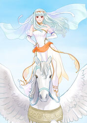  bad_id bad_tumblr_id bare_shoulders blue_hair blue_sky bridal_veil bride choker commentary dress english_commentary female fire_emblem fire_emblem:_the_blazing_blade fire_emblem_heroes hair_ornament highres long_hair ninian_(bridal)_(fire_emblem) ninian_(fire_emblem) open_mouth pegasus red_eyes sky solo standing strapless strapless_dress tamafry veil wedding_dress white_dress 