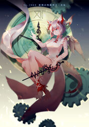  blonde_hair blue_eyes character_name claws clock clock_hands commentary_request dragon_girl dragon_horns dragon_tail dragon_wings dress female floating gears gloves hair_ribbon highres horns myr_(p&amp;d) photoshop_(medium) puzzle_&amp;_dragons ribbon short_hair solo tail vienri white_dress white_gloves wings 