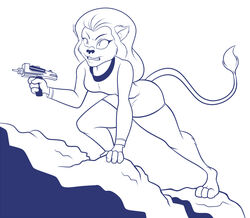  2015 all_fours anthro caitian chadrocco cheek_tuft climbing clothed clothing dress facial_tuft felid female grimace holding_object holding_weapon m&#039;ress mammal monochrome phaser pupils simple_background slit_pupils solo star_trek star_trek_the_animated_series tail tail_tuft tuft uniform weapon white_background wide_hips 