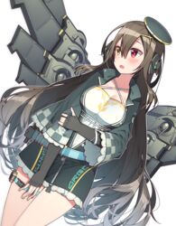  armor bandolier black_gloves blush breasts brown_hair commentary_request cowboy_shot criss-cross_halter dutch_angle elbow_gloves female fingerless_gloves girls&#039;_frontline gloves hair_between_eyes hair_ornament halterneck hand_on_own_arm hat headphones heterochromia highres hop3 long_hair looking_to_the_side m1014_(girls&#039;_frontline) medium_breasts open_mouth red_eyes shield shield_module shotgun_shell sidelocks solo standing thigh_strap thighs very_long_hair white_background wide_sleeves x_hair_ornament yellow_eyes 