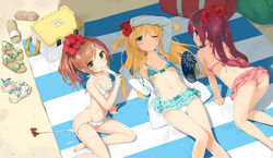  3girls absurdres all_fours aqua_bikini arm_support ass assisted_exposure barefoot beach beach_towel bikini blonde_hair blush bow bow_bikini breasts brown_hair cooler crab day flat_chest flower food frilled_bikini frills green_eyes hair_flower hair_ornament hand_fan hazuki_watora hibiscus highres jacket kani_biimu long_hair looking_at_viewer lying minazuki_sarami multiple_girls navel on_back one_eye_closed original paper_fan photoshop_(medium) pink_bikini ponytail popsicle purple_eyes red_hair sandals scan seashell shell shimotsuki_potofu side-tie_bikini_bottom sideboob sitting small_breasts swimsuit tongue tongue_out towel twintails two_side_up underboob untied_bikini unworn_sandals white_bikini 