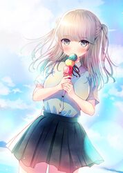  bad_id bad_twitter_id bloom collared_shirt commentary_request day dress_shirt female food grey_eyes high-waist_skirt highres holding ice_cream ice_cream_cone katahira_yuuna long_hair looking_at_viewer minamihama_yoriko niko_(brand) official_art outdoors pleated_skirt school_uniform shirt shirt_tug short_sleeves skirt solo swallowtail white_shirt wing_collar 