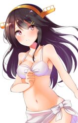  ashino bikini black_hair blush breasts brown_eyes cleavage collarbone commentary_request female hair_ornament hairband hairclip haruna_(2016_swimsuit_mode)_(kancolle) haruna_(kancolle) haruna_kai_ni_(kancolle) headgear highres jewelry kantai_collection long_hair medium_breasts navel ring sarong simple_background solo swimsuit wedding_ring white_bikini 