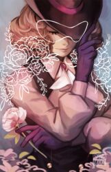  artist_name brown_hair closed_eyes curly_hair female flower gloves hat head_down highres leaf okumura_haru persona persona_5 puffy_sleeves purple_gloves rose sangcoon signature smile solo upper_body vest white_flower white_rose 