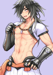  1boy abs bad_id bad_pixiv_id bare_pectorals black_hair blush cosplay fingerless_gloves folks_(nabokof) gloves hair_over_one_eye jewelry long_hair male_focus navel necklace nipples open_mouth orange_eyes pectorals purple_background rokurou_rangetsu shigure_rangetsu shigure_rangetsu_(cosplay) simple_background solo tales_of_(series) tales_of_berseria teeth toned toned_male upper_body 