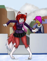  anthro barefoot blue_eyes bodily_fluids bottomwear breasts canid canine claws clothed clothing domestic_cat duo ear_tuft feet felid feline felis female fox fur gloves_(marking) green_eyes hair hybrid ice_rink leg_markings linda_wright mammal markings mia_carpenter pink_hair red_body red_fur red_hair scarf skirt slipping socks_(marking) story story_in_description sweat sweatdrop tan_body tan_fur terdburgler toe_claws tuft winter 