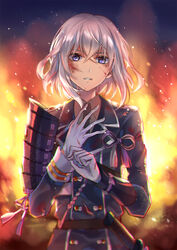  1boy adjusting_clothes adjusting_gloves althea_(sakiya0000) armor blood blood_on_face commentary_request fire glove_pull gloves highres honebami_toushirou japanese_armor male_focus military military_uniform necktie photoshop_(medium) purple_eyes shoulder_armor sode solo touken_ranbu uniform white_gloves white_hair 