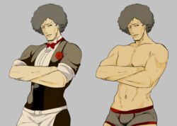  1boy ace_attorney_investigations ace_attorney_investigations_2 afro apron bad_id bad_pixiv_id black_hair bow bowtie commentary_request corsage crossed_arms flower gyakuten_saiban male_focus muscular pncnmmm tenkai_issei topless_male 