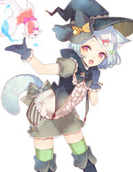  animal_ears boots bow bracelet cat_ears cat_tail commentary_request female fish frilled_shirt frills gloves goldfish hairbow hat highres jewelry knee_boots kuroyuki leaning_forward magic oerba_yun_fang open_mouth original pink_eyes puffy_short_sleeves puffy_shorts puffy_sleeves purple_hair shirt short_hair short_sleeves shorts simple_background smile tail thighhighs white_background witch_hat 