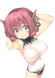  armpits arms_behind_head arms_up bare_shoulders blue_eyes breasts commentary_request female head_wings inuzumi_masaki large_breasts leotard looking_at_viewer nosuri red_hair short_hair sleeveless sleeveless_turtleneck smile solo turtleneck utawarerumono utawarerumono:_itsuwari_no_kamen wings 