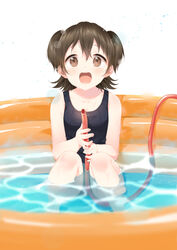  :d akagi_miria bad_id bad_pixiv_id bare_arms bare_legs bare_shoulders between_legs black_one-piece_swimsuit blush brown_eyes brown_hair caustics collarbone female flat_chest foreshortening furururu hair_between_eyes holding holding_hose hose idolmaster idolmaster_cinderella_girls knees_up looking_at_viewer one-piece_swimsuit open_mouth partially_submerged round_teeth school_swimsuit short_hair smile solo squatting swimsuit tareme teeth two_side_up wading_pool water water_drop wet white_background 