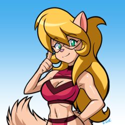  1:1 anthro blonde_hair blush breasts callie_briggs cleavage clothed clothing domestic_cat eyebrows eyelashes eyewear felid feline felis female glasses green_eyes hair hanna-barbera long_hair mammal midriff navel rongs1234 smile solo swat_kats 