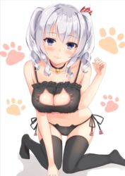  alternate_costume animal_ear_legwear arm_support bell black_bra black_panties black_thighhighs blue_eyes bra breasts cat_cutout cat_ear_legwear cat_ear_panties cat_lingerie choker cleavage cleavage_cutout clothing_cutout collar commentary_request female frilled_bra frills grey_hair hatsu_(first_snow) jingle_bell kantai_collection kashima_(kancolle) large_breasts looking_at_viewer meme_attire navel neck_bell panties paw_pose paw_print side-tie_panties sitting smile solo stomach thighhighs underwear underwear_only 