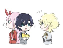  2boys bad_id bad_twitter_id banana black_hair blue_eyes commentary darling_in_the_franxx female food fruit green_eyes hiro_(darling_in_the_franxx) holding holding_food holding_fruit horns leje39 long_hair looking_at_another military military_uniform multiple_boys nine_alpha oni_horns pink_hair uniform zero_two_(darling_in_the_franxx) 