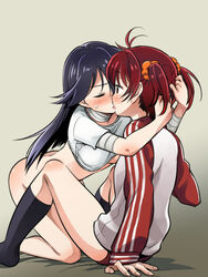  2girls bad_id bad_pixiv_id bandages black_hair blush bottomless brown_eyes brown_hair buruma closed_eyes hug isshiki_akane jacket kissing kneehighs kneeling kuroki_rei long_hair long_legs multiple_girls niina_ryou no_shoes open_mouth red_hair shirt short_hair socks track_jacket twintails vividred_operation yuri 