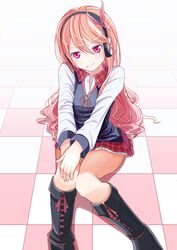  akame_ga_kill! aoi_usagi_(marinebluerabbit) boots candy chelsea_(akame_ga_kill!) commentary_request female food hands_on_own_knee headphones highres knee_boots lollipop long_hair long_sleeves looking_at_viewer mouth_hold orange_hair pink_eyes pink_hair plaid plaid_skirt red_eyes sitting skirt smile solo 