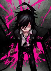  1boy absurdres ahoge bad_id bad_twitter_id black_hair blood commentary_request danganronpa_(series) danganronpa_gaiden:_killer_killer from_above hair_over_one_eye highres hijirihara_takumi knife looking_at_viewer loose_necktie male_focus necktie official_art open_collar pink_blood red_eyes sanpaku sasami_(ki) short_hair shower_(place) sitting solo watermark 