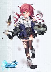  :d ace_virgin aqua_eyes commentary drill_hair female full_body hawker_sea_fury highres miniskirt necktie open_mouth personification pleated_skirt propeller red_hair sea_fury_(ace_virgin) shenbei_xiaoqiu skirt smile solo standing thighhighs uniform wings 