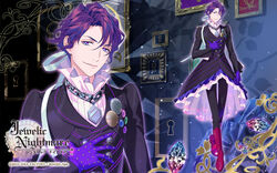  1boy 2013 alen_(jewelic_nightmare) alexandrite_(gemstone) ayase_nanami bishounen boots chains coat company_name copyright_name diamond-shaped_pupils diamond_(shape) full_body gem gloves highres jewelic_nightmare male_focus messy_hair official_art pants purple_eyes purple_gloves purple_hair red_footwear smile solo standing symbol-shaped_pupils yamamoto_kana zoom_layer 