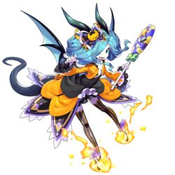  bat_wings dragalia_lost dress female fire food-themed_hair_ornament full_body hair_ornament hairstyle_request halloween_costume holding horns non-web_source oerba_yun_fang official_art pumpkin_hair_ornament saitou_naoki silke_(dragalia_lost) solo tail thighhighs transparent_background wide_sleeves wings 