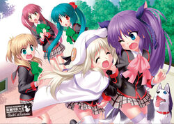  5girls :d :o ^_^ animal_ears blonde_hair blue_eyes bow brown_hair canine cape cat_ears closed_eyes feline green_hair hair_ornament hair_ribbon hat kawagoe_rei little_busters! little_busters!_school_uniform long_hair multiple_girls nakamura_yukari_(little_busters!) noumi_kudryavka oerba_yun_fang one_eye_closed open_mouth photoshop_(medium) pink_bow plaid plaid_skirt purple_hair ribbon sasasegawa_sasami school_uniform skirt smile strelka thighhighs twintails watanabe_sakiko white_hair zen_(kamuro) 