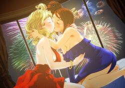  2girls backless_dress backless_outfit blonde_hair casino_paradise closed_eyes curly_hair dress fireworks game_cg grabbing grabbing_another&#039;s_breast iida_sora kissing kitato_minami multiple_girls on_bed short_hair side_ponytail side_slit strapless strapless_dress tinkle_bell yuri 