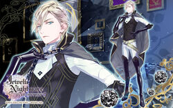  1boy 2013 adamas_(jewelic_nightmare) belt bishounen black_footwear black_gloves blonde_hair blue_eyes boots cape chains company_name copyright_name elbow_gloves expressionless full_body gem gloves highres jewelic_nightmare male_focus official_art pants popped_collar solo standing sumeragi_seiichirou thigh_boots thighhighs yamamoto_kana zoom_layer 