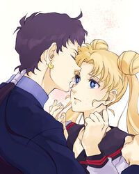  1boy bad_id bad_pixiv_id bishoujo_senshi_sailor_moon bishoujo_senshi_sailor_moon_stars black_hair blonde_hair blue_eyes blue_sailor_collar closed_eyes double_bun earrings female gakuran hair_bun hand_on_another&#039;s_shoulder imuro jewelry juuban_high_school_uniform kissing kissing_forehead long_hair photoshop_(medium) ponytail sailor_collar school_uniform seiya_kou serafuku tears tsukino_usagi twintails 