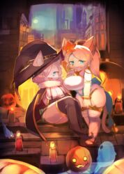  anthro blue_eyes breasts canid canine clothed clothing duo_focus female female_focus flower food fruit group hair hair_over_eye hat headgear headwear hi_res kakuteki11029 kemono looking_at_viewer mammal one_eye_obstructed plant pumpkin spirit 