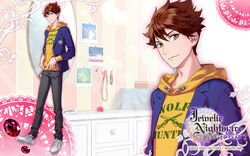  1boy 2013 bishounen brown_eyes brown_hair company_name copyright_name full_body gem highres hood hoodie jewelic_nightmare male_focus official_art pants red_gemstone shoes smile solo spiked_hair standing togari_kou white_footwear yamamoto_kana zoom_layer 