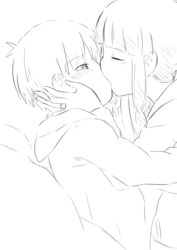  1boy admiral_(kancolle) age_difference blush closed_eyes commentary_request female greyscale highres jewelry kantai_collection kissing kitakami_(kancolle) little_boy_admiral_(kancolle) mochisaka_mitsuki monochrome onee-shota ring wedding_ring 