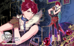  1boy 2013 bishounen boots brown_gloves chains choker company_name copyright_name diamond-shaped_pupils diamond_(shape) full_body fur_trim gem gloves highres jewelic_nightmare male_focus official_art pants red_eyes red_gemstone red_hair ru_(jewelic_nightmare) shirt sleeveless sleeveless_shirt smile solo spiked_hair standing symbol-shaped_pupils togari_kou yamamoto_kana zoom_layer 