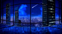  bad_id bad_pixiv_id building city city_lights cityscape cloud dark fisheye highres horizon indoors kagumanikusu night night_sky no_humans original scenery shooting_star sky skyscraper star_(sky) window 