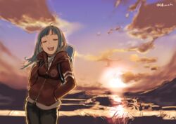  :d ahoge backpack bad_id bad_pixiv_id bag blue_hair blunt_bangs closed_eyes cloud cloudy_sky commentary_request drawstring female gbmah hands_in_pockets hood hood_down hooded_jacket jacket open_mouth outdoors pants red_jacket sky smile solo tendouji_musubi tokyo_7th_sisters twilight twitter_username zipper 