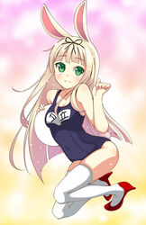  :3 akino_sora animal_ears animal_pose blonde_hair blush commentary_request female green_eyes hair_ribbon high_heels highres kantai_collection long_hair one-piece_swimsuit rabbit_ears rabbit_tail red_footwear ribbon school_swimsuit shoes smile solo squatting swimsuit tail thighhighs tray white_thighhighs yuudachi_(kancolle) 