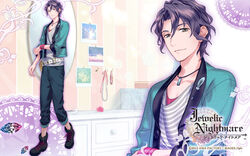  1boy 2013 alexandrite_(gemstone) ayase_nanami belt bishounen black_eyes black_hair company_name copyright_name feathers full_body gem highres jacket jewelic_nightmare jewelry male_focus messy_hair mole necklace official_art pants shirt shoes smile solo standing yamamoto_kana zoom_layer 