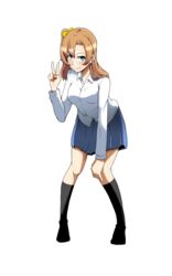  blue_eyes commentary_request female hand_on_own_knee kneehighs kosaka_honoka leaning_forward long_sleeves looking_at_viewer love_live! love_live!_school_idol_project medium_hair nameta_neko one_side_up orange_hair pleated_skirt school_uniform shirt skirt smile socks transparent_background v 