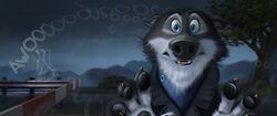  anthro awoo blue_eyes canid canine canis disney howl looking_at_viewer mammal night onomatopoeia plant solo sound_effects swish text tree wolf zootopia 