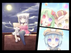  3girls animal_ears bare_shoulders blue_hair breasts cat_ears cat_tail cleavage commentary_request forked_tail green_hair grey_eyes grey_hair hat heterochromia large_breasts long_hair multiple_girls nekomata nightmare_cat pixiv_fantasia pixiv_fantasia_t purple_eyes tail thighhighs 