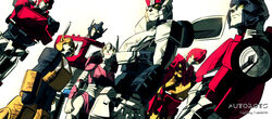  1980s_(style) 6+boys arcee autobot bumblebee_(transformers) commentary female glowing glowing_eyes headgear ironhide liguangze looking_at_viewer multiple_boys optimus_prime photoshop_(medium) prowl_(transformers) retro_artstyle rodimus sideswipe simple_background smile standing the_transformers_(idw) transformers white_background yellow_eyes 