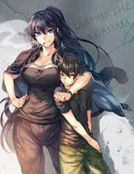  1boy aged_down black_hair blue_eyes blue_hair camouflage camouflage_pants cigarette commentary_request contrapposto female grisaia_(series) grisaia_no_meikyuu hand_on_own_hip jacket jacket_on_shoulders kazami_yuuji kusakabe_asako pants ponytail smoking standing tenkuu_sphere 