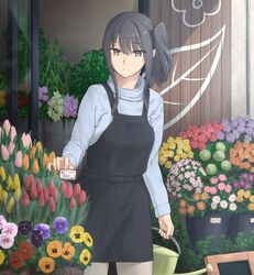  absurdres apron bad_id bad_pixiv_id black_apron black_hair black_pansy cowboy_shot enosan female flower flower_shop grey_eyes highres holding long_hair long_sleeves orange_flower orange_pansy orange_rose original pansy pants pink_flower pink_pansy price_tag purple_flower purple_pansy purple_rose red_flower red_pansy red_rose rose shop side_ponytail sidelocks solo sweater tulip turtleneck watering_can yellow_flower yellow_pansy yellow_rose 