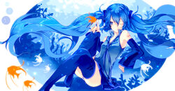  armpits blue_eyes blue_hair commentary_request detached_sleeves female fish floating_hair hatsune_miku kuusou_ryodan long_hair nail_polish necktie one_eye_closed panties pantyshot photoshop_(medium) sitting skirt solo striped_clothes striped_panties thighhighs twintails underwear very_long_hair vocaloid 