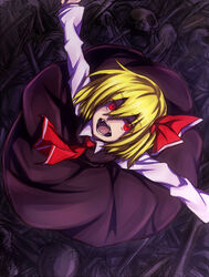  ascot blonde_hair blouse bone commentary_request fangs female hair_ribbon inaba-no-kuni-tottori open_mouth outstretched_arms red_eyes ribbon rumia shirt short_hair skirt skull spread_arms touhou vest 