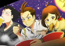  2boys ahoge alcohol apollo_justice apollo_justice:_ace_attorney bad_id bad_pixiv_id beer chopsticks commentary_request eating female food gyakuten_saiban lantern male_focus multiple_boys naruhodou_ryuuichi noodles paper_lantern pncnmmm ramen sky star_(sky) starry_sky trucy_wright 