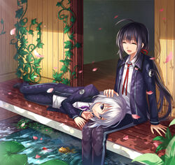  2boys ^_^ ahoge alternate_costume althea_(sakiya0000) black_hair closed_eyes commentary_request fish goldfish honebami_toushirou lap_pillow lily_pad lying male_focus multiple_boys namazuo_toushirou on_side open_mouth petals photoshop_(medium) plant ponytail purple_eyes sitting smile soaking_feet touken_ranbu veranda vines water white_hair 