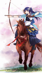  aiming animal archery arrow_(projectile) bad_id bad_pixiv_id blue_hakama bow_(weapon) drawing_bow eris.y_(7hai) female gloves hachimaki hakama hakama_skirt headband highres holding holding_arrow holding_bow_(weapon) holding_weapon horse horseback_archery horseback_riding igote japanese_clothes kyuudou left-handed looking_to_the_side love_live! love_live!_school_idol_project muneate outstretched_arm photoshop_(medium) profile quiver riding single_glove skirt solo sonoda_umi weapon 